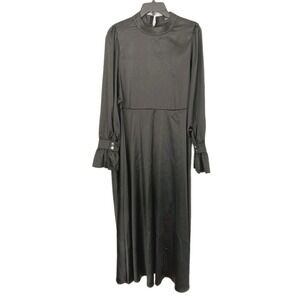 Xxxiticat Dress Women M Blk Satin Maxi Mock Nk Belted Witchy Bell Sleeve Grunge